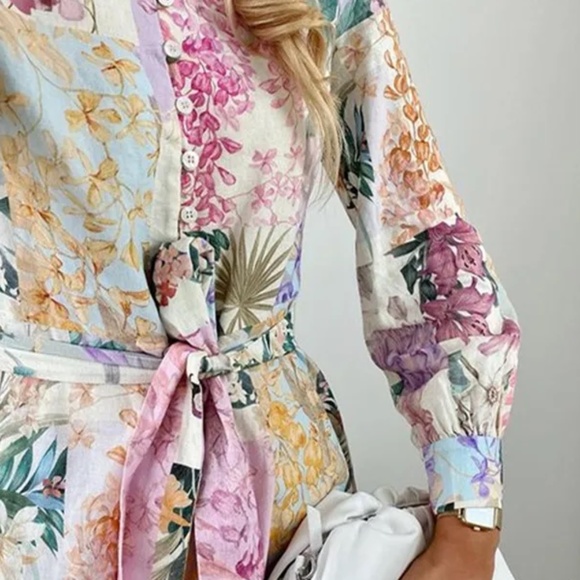 Boho Floral Print Button Down Belted Shirt Dress - Picture 4 of 7